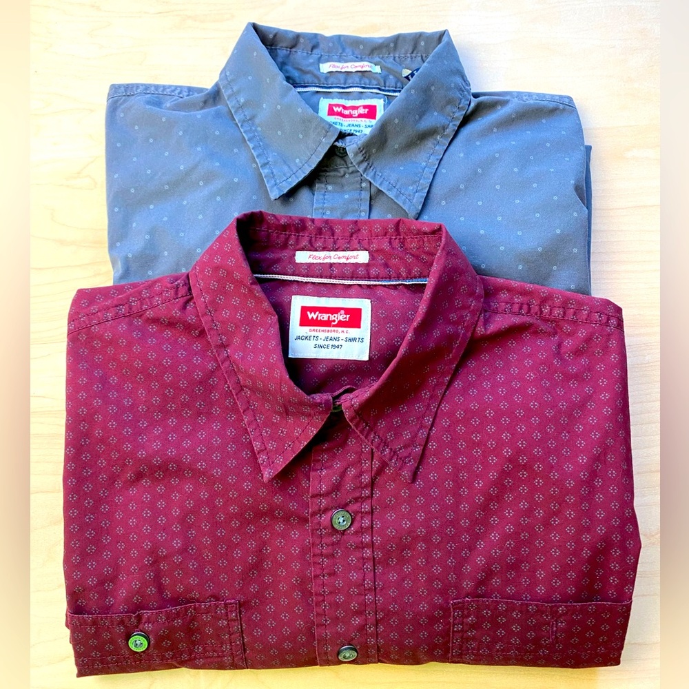 2-Wrangler Burgundy and Charcoal Button-Up Shirts